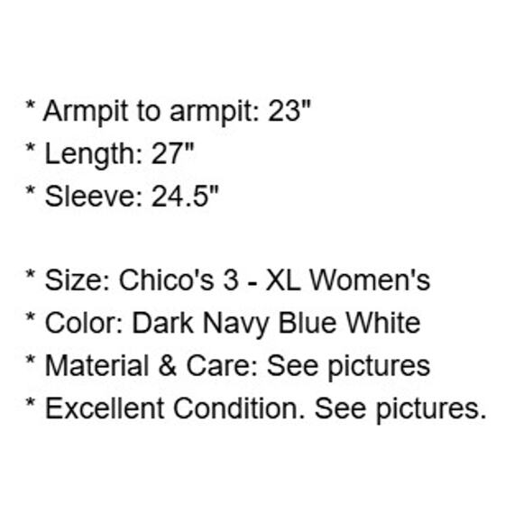 Chicos Top 3 Womens XL Dark Navy White Stripe Blouse Bell Sleeve Pima Cotton - Picture 4 of 13